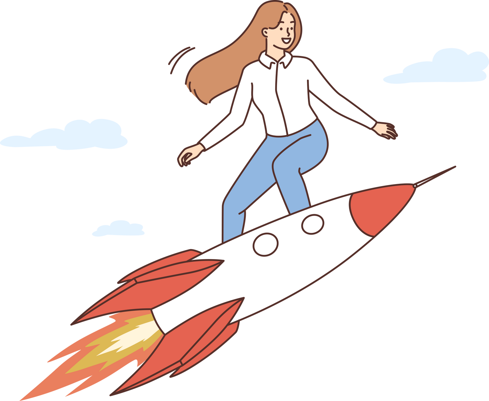 Motivated Businesswoman Flying on Rocket