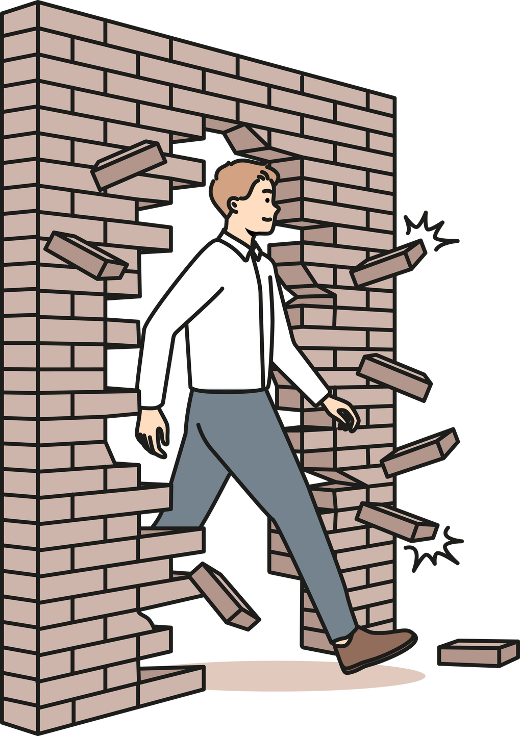 Motivated businessman break wall go for success